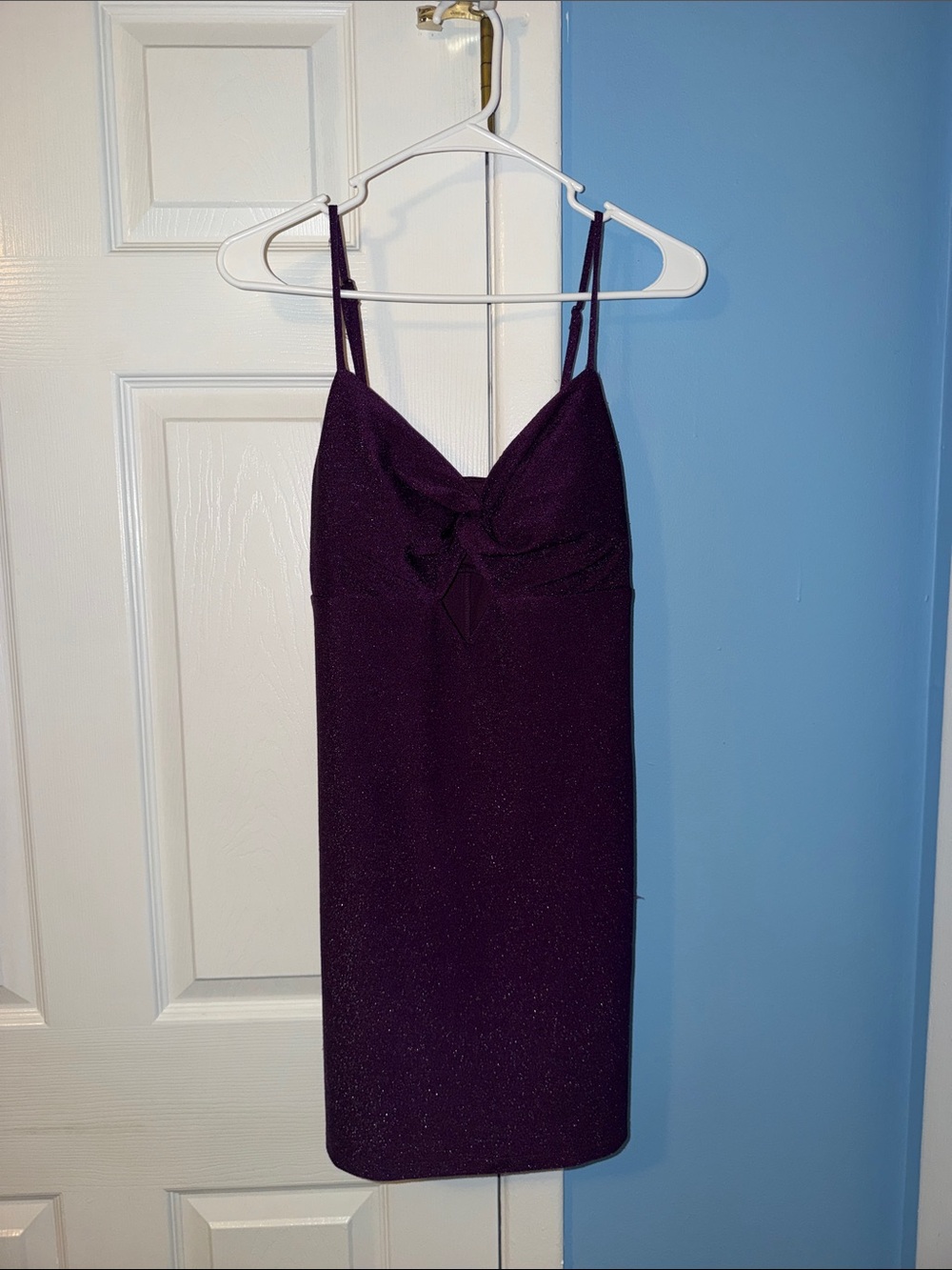 City Studio Purple Spaghetti Strap Knot-Front Mini Dress